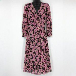 Kate Spade Wallflower Midi Dress 2 Black Pink Metallic Silk Chiffon Long Sleeve